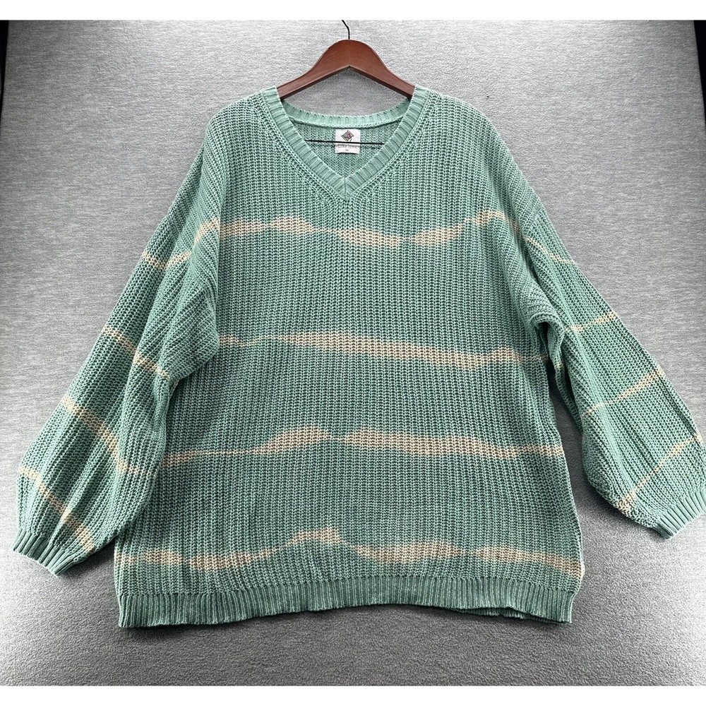 LIVE LOVE V-Neck Green & White Stripe Sweater Size 3XL (A46)
